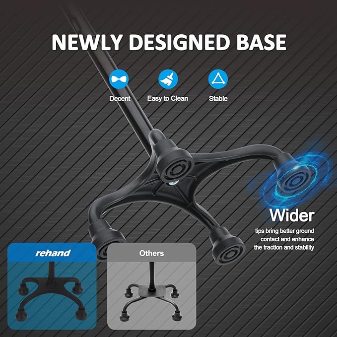 Rehand Quad Cane, Walking Cane with Ergonomic Handle Ever and Graceful 4-Pronged Base for Extra Stability, Adjustable Walking Sticks for Right or Left Handed Men & Women and Seniors