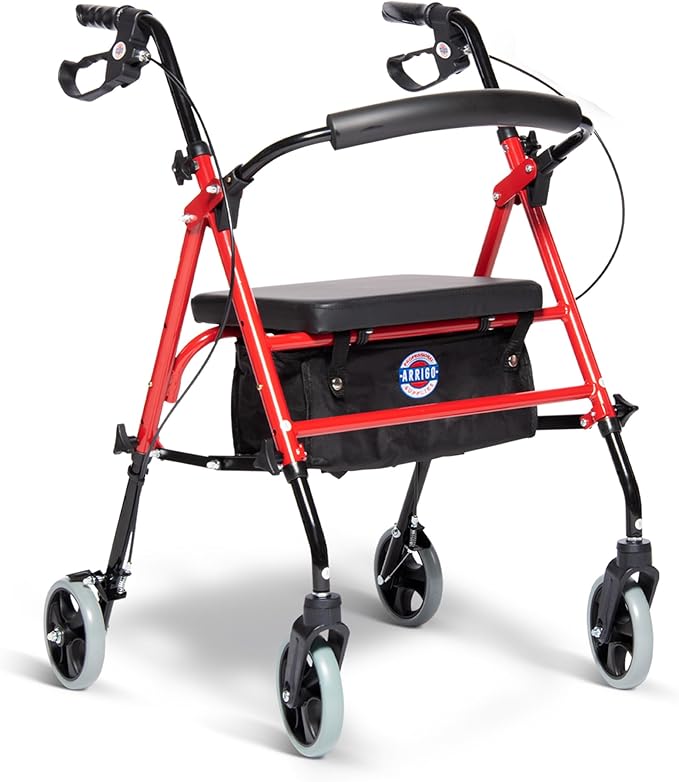 Arrigo Rollator Walker with Large Cushioned Seat – Folding 4-Wheel Steel Rolling Walker with Brakes, Soft Backrest & Zippered Storage – Smooth Ride, Adjustable Height, Supports up to 350 lbs