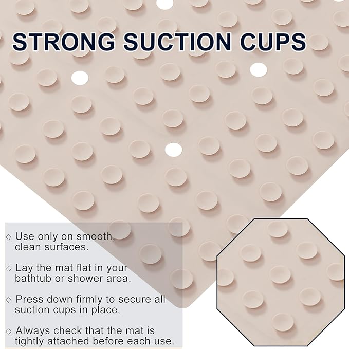 Anti Slip Shower Mat for Tub & Shower Stall, 21" x 21" Square Silicone Bathtub Mat with Powerful Suction Cups, Fast-Draining, Machine Washable Soft Foldable Bathroom Mat, Beige