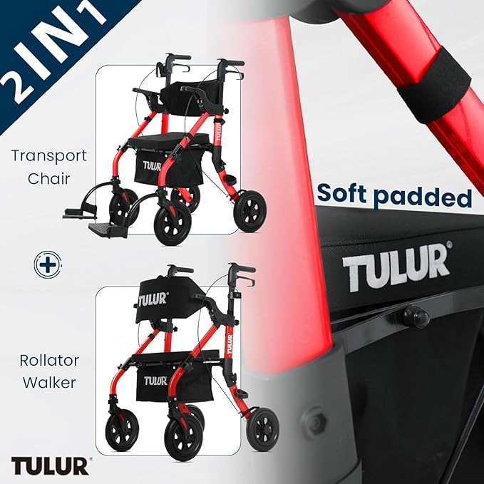 All Terrain Walker Wheelchair Combo,Rollator Walker with Seat for Seniors with Footrest,Transport-Wheelchair Combo,2 in 1 Rolling Walker Chair with Wide Backrest, Red