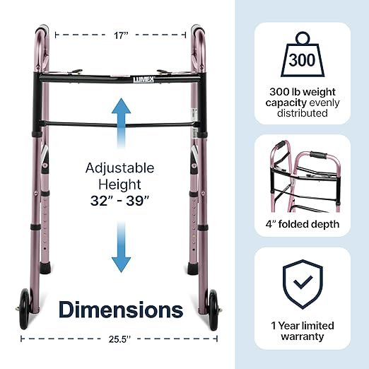 Lumex ColorSelect Walkers for Seniors, Rolling & Folding Adult Walker with Wheels, Pink