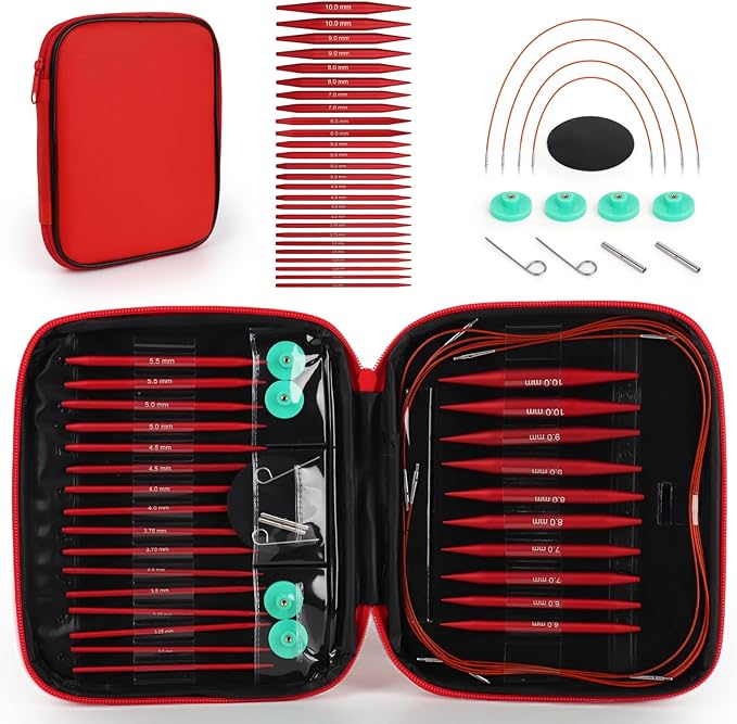 Interchangeable Circular Knitting Needles Set, 13 Pairs (26pcs) Matte Red Aluminum Knitting Needles Kit, Sizes 3.0mm–10.0mm, Knitting Needle Case & Accessories for Knitting Beginners & Advanced