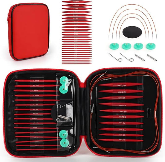 Interchangeable Circular Knitting Needles Set, 13 Pairs (26pcs) Matte Red Aluminum Knitting Needles Kit, Sizes 3.0mm–10.0mm, Knitting Needle Case & Accessories for Knitting Beginners & Advanced