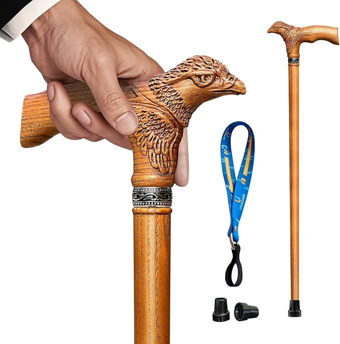 Hand Carved Wooden Walking Cane USA Made Eagle Carved Ergonomic Elegant Wood Canes for Men and Women Support up to 400 lbs Provide Stable Canes for Seniors for Daily Use and Gift Giving