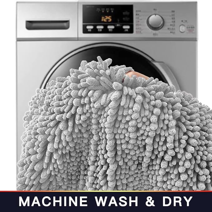 Walensee Bathroom Rug Non Slip Bath Mat (24x17 Inch Light Grey) Water Absorbent Super Soft Shaggy Chenille Machine Washable Dry Extra Thick Perfect Absorbant Best Small Plush Carpet for Shower Floor