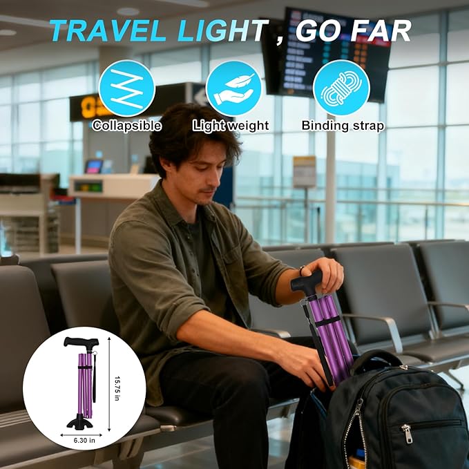 Extended Handle Walking Cane for Men & Women, Solid Base Foldable Canes (Purple)