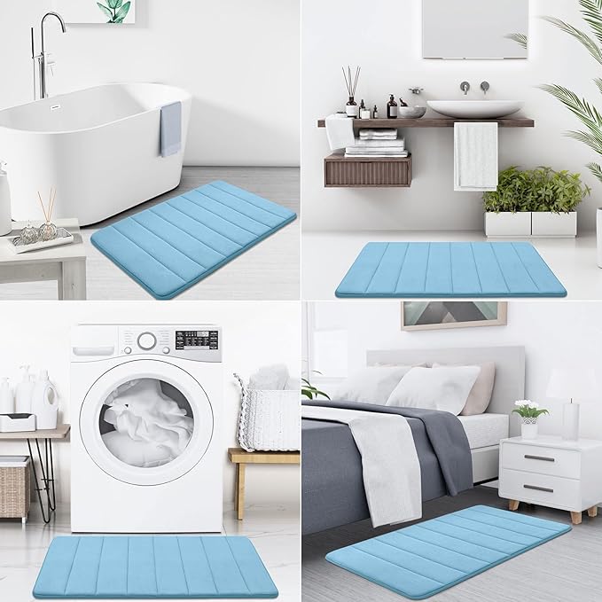 Buganda Memory Foam Bath Mat, 59" x 17", Ultra Soft and Non-Slip Bathroom Rugs, Water Absorbent and Machine Washable Bath Rug Runner for Bathroom, Shower, and Tub, Blue