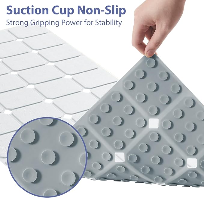 Bathtub Mat Non Slip Silicone Foldable Extra Long Tub Mat Strong Suction Cups & Large Drain Holes, Durable,Machine Washable for Smooth Surfaces Shower Mat, Ideal for Families Beige,15"x40" Grey