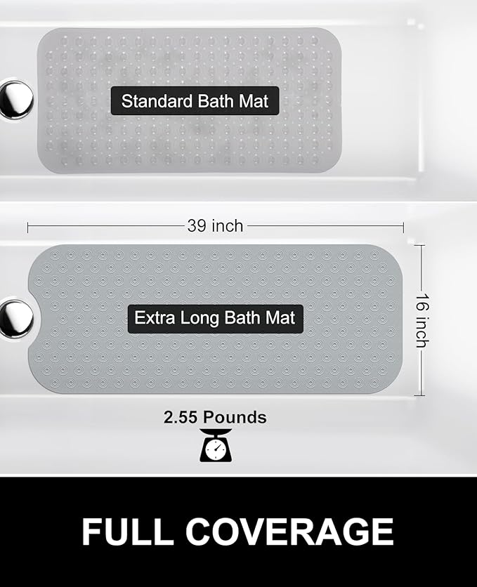 OTHWAY No Suction Cup Bath Mat: 39x16 inch Extra Long Bathmat│Perfect for Ordinary or Refinished Bath Tubs │Made of Nature Rubber│Protect Your Bathtub (Grey)