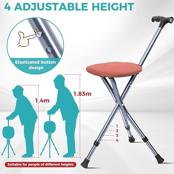 Portable Adjustable Folding Walking Cane with Seat and Cushion，Cane seat for Seniors with Magnetic Massage Handle, Lightweight Walking Cane with LED Light，Supports up to 330 Pounds