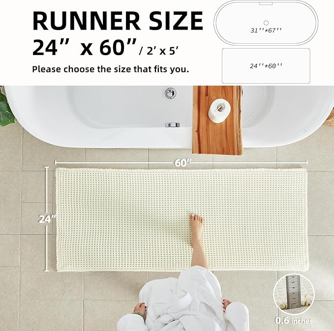 Cream White Long Bathroom Rugs, Waffle Runner Rug Bathroom Non Slip Washable Super Absorbent Quick Dry Boho Farmhouse Bath Mat, 60"x24" Cream White