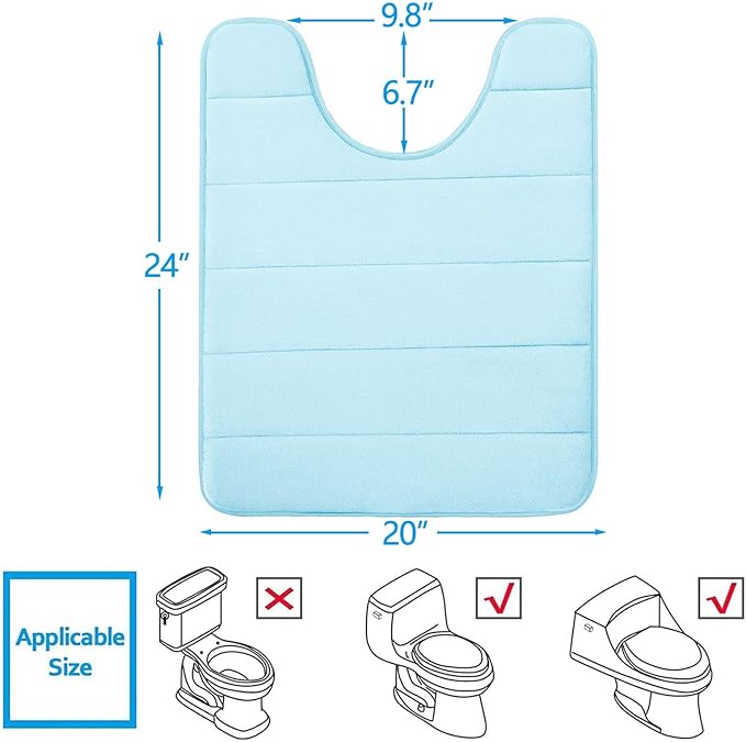 Buganda Memory Foam U-Shaped Contour Toilet Rugs, Non Slip Absorbent, Thick Soft Washable Bathroom Mat, Floor Carpet Bath Rugs Mat for Toilet Base (24" x 20", Light Blue)