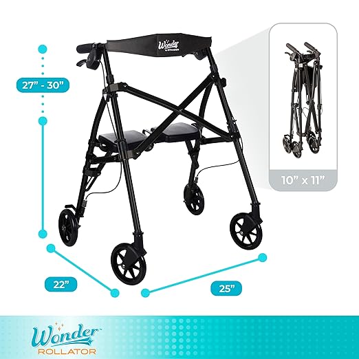 Stander Space Saver Rollator Short, Lightweight Folding Walker with Seat for Juniors & Petite Adults, 4-Wheel Mobility Aid with 6-inch Wheels, Locking Brakes, Padded Seat & Backrest, Matte Black