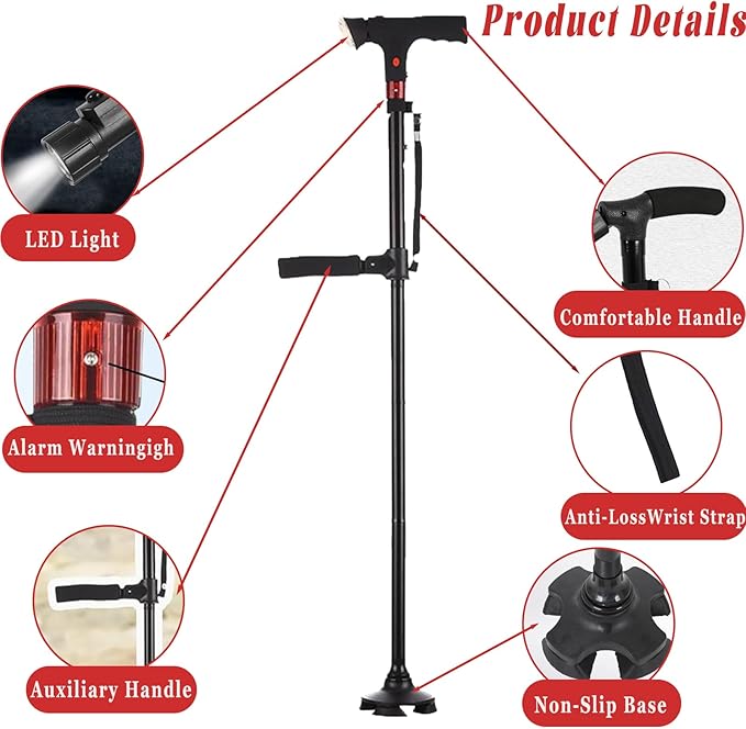 2026 New Smart Walking Cane, Upgrade Smart Walking Canes for Men Women with Alarm, with Light, Foldable Dual Handles, Adjustable Canes for Elderly, Gift for Veterans & Parents
