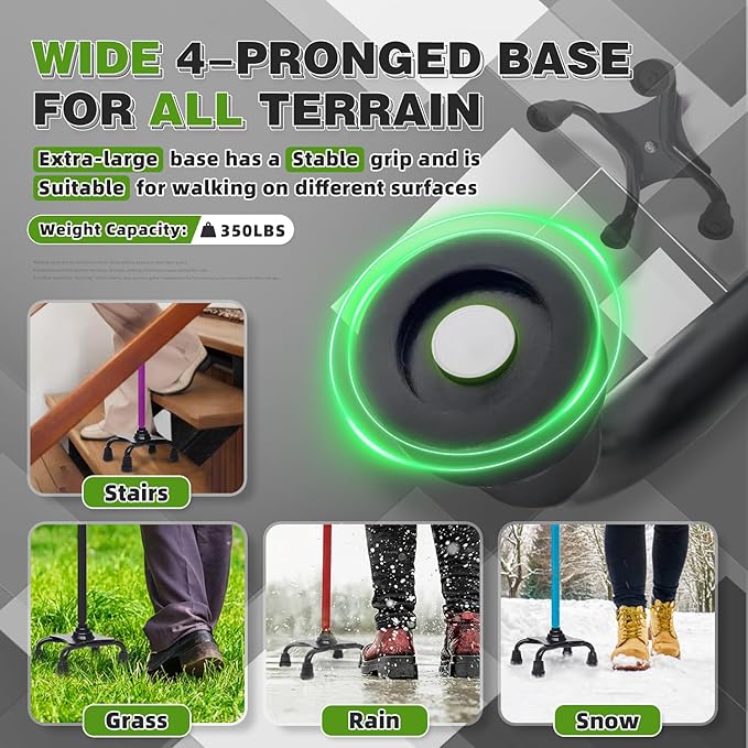 BigAlex Quad Cane, Foldable Adjustable Walking Cane for Men & Women with Stable 4-Pronged Base for Extra Stability & Balance, Heavy Duty, Lightweight, Soft Offset Handle Stick for Seniors & Elderly