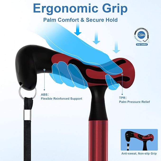 KingPavonini Walking Cane for Men Women Stability, Free Standing Foldable Cane, Ergonomic Handle Pivoting Quad Base, Heavy Duty 350 LBs, Adjustable Walking Canes for Seniors Balance with Travel Bag