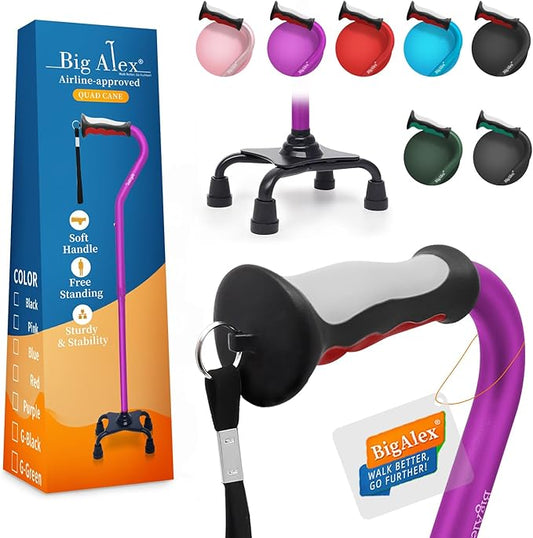 BigAlex Quad Cane, Foldable Adjustable Walking Cane for Men & Women with Stable 4-Pronged Base for Extra Stability & Balance, Heavy Duty, Lightweight, Soft Offset Handle Stick for Seniors & Elderly