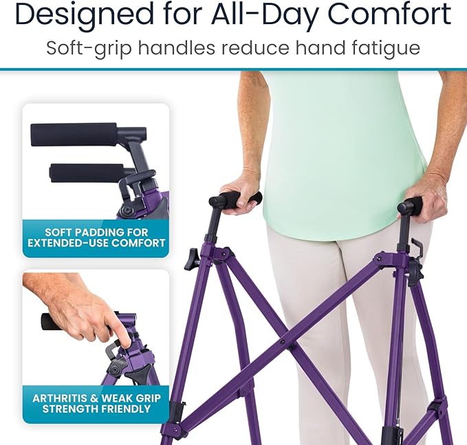 Vive Lightweight Folding Walker for Seniors - Narrow Foldable Rolling Walker for Small Spaces- Compact & Collapsible for Travel - with Wheels, Mobility Support, Portable- Weighs Only 5.5 Pounds