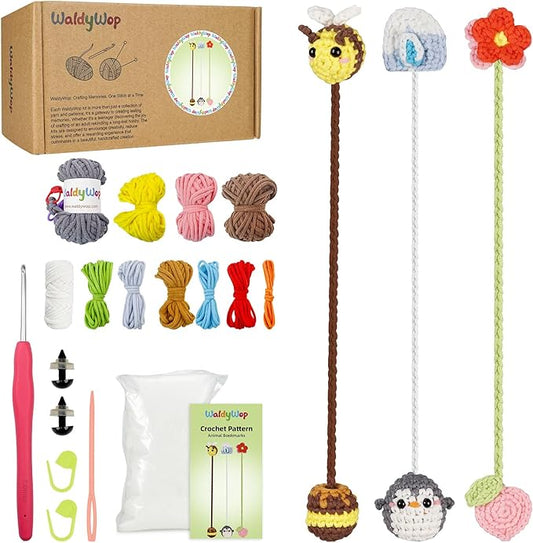 WaldyWop Crochet Kit for Beginners: 3 Animal & Flower Bookmarks Knitting Kits for Girls w/Easy Yarn, Crochet Hook & Easy Video Tutorials - Wobbles Crochet Animal Kit for Kids, Birthday Gifts for Women
