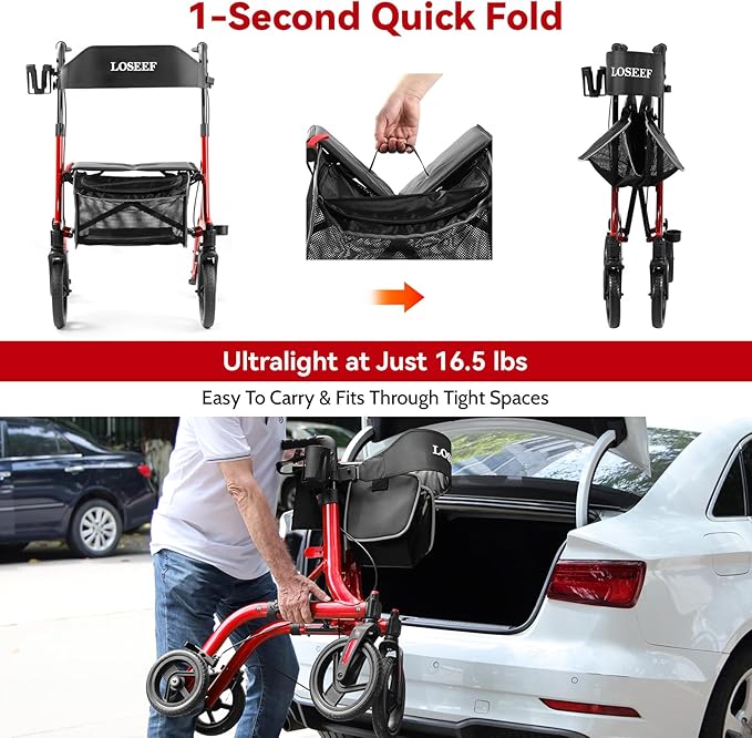 Rollator Walkers for Seniors, 10" Big Rubber Wheels All Terrain Rollator Walker with Adjustable Backrest and Handles, 350 Lbs, Cup Cane Holder, Foldable Lightweight Walker with Seat for Seniors Red