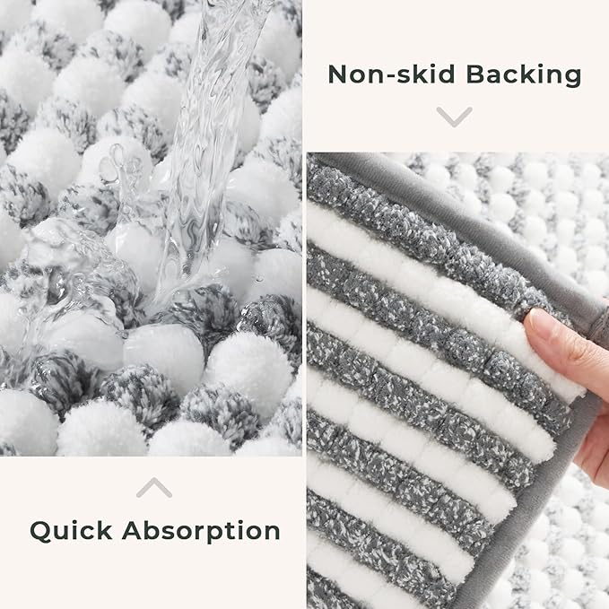 FRESHMINT Chunky Ombre Chenille Bathroom Rug 24"x36", Large Water Absorbent Soft Bath Rugs for Bathroom Floor, Thick Non Slip Bath Mat Washable Quick Dry Shower Mats, Gray and White