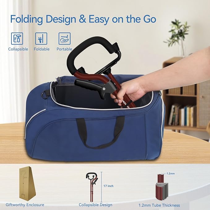 KingPavonini Canes for Women/Men with Second Handle, Foldable & Adjustable Walking Cane with 4-Pronged Base, Quad Cane for Stability, Standing, Balance, Leg Surgery Recovery