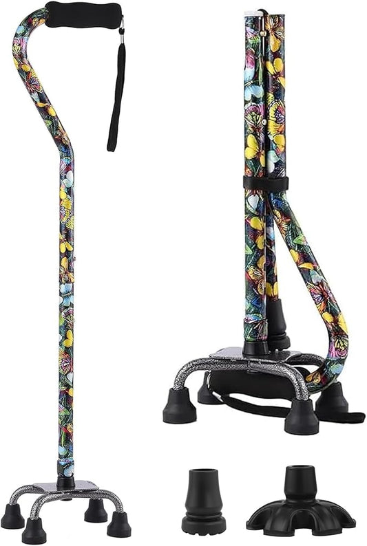 Walking Cane for Women & Men, Adjustable Quad Cane with 4-Prong Base for Stability and Balance, Folding Aluminum Walking Stick for Seniors