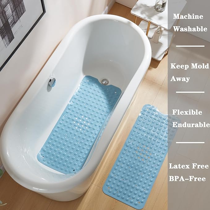 YANZIFLY Bathtub Mat for Shower: Soft Silicone Bath Mat Non Slip with Suction Cups Tub Mat for Bathroom for Family Extra Large Shower matt Machine Washable - Blue