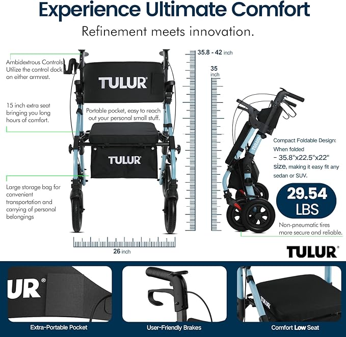 All Terrain Walker Wheelchair Combo,Rollator Walker with Seat for Seniors with Footrest,Transport-Wheelchair Combo,2 in 1 Rolling Walker Chair with Wide Backrest by Tulur (Blue)-New