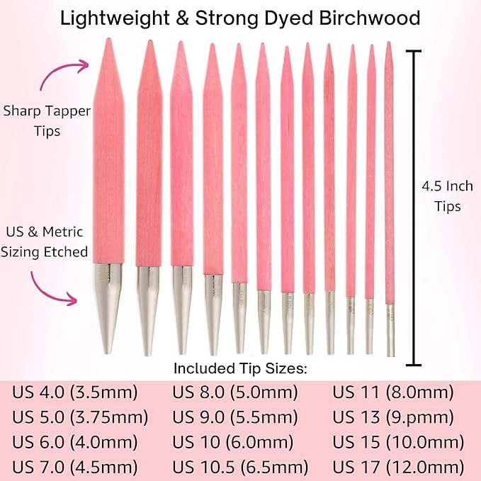 Lykke Blush 5 in. Complete Set US Sizes 4, 5, 6, 7, 8, 9, 10, 10.5, 11, 13, 15, 17 Interchangeable Circ. Knitting Needles for DK, Worsted, Chunky Yarns, Birch, 5 Cords, Fuchsia DM Case, Project Bag
