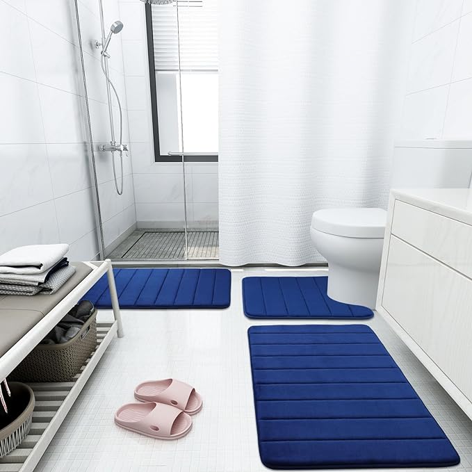 Buganda Memory Foam Bath Mat, 59" x 17", Ultra Soft and Non-Slip Bathroom Rugs, Water Absorbent and Machine Washable Bath Rug Runner for Bathroom, Shower, and Tub, Navy Blue