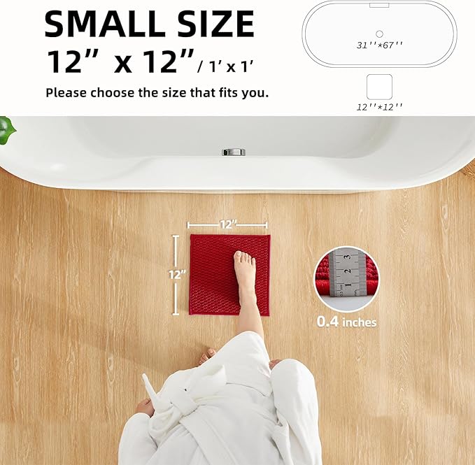 Small Christmas Bathroom Rugs, Non Slip Washable Bath Rugs Super Absorbent Bathroom Rug Thin Quick Dry Low Pile Bath Mats, Red 12"x12"