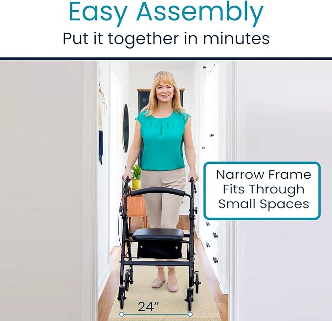 Vive Ultra Lightweight Rollator Walker with Seat - Foldable, Narrow, Rolling Senior Walker for Small Spaces - 4 Wheel Aluminum Adult Easy Drive Aid with Underseat Accessory - Weighs Only 14 Lbs