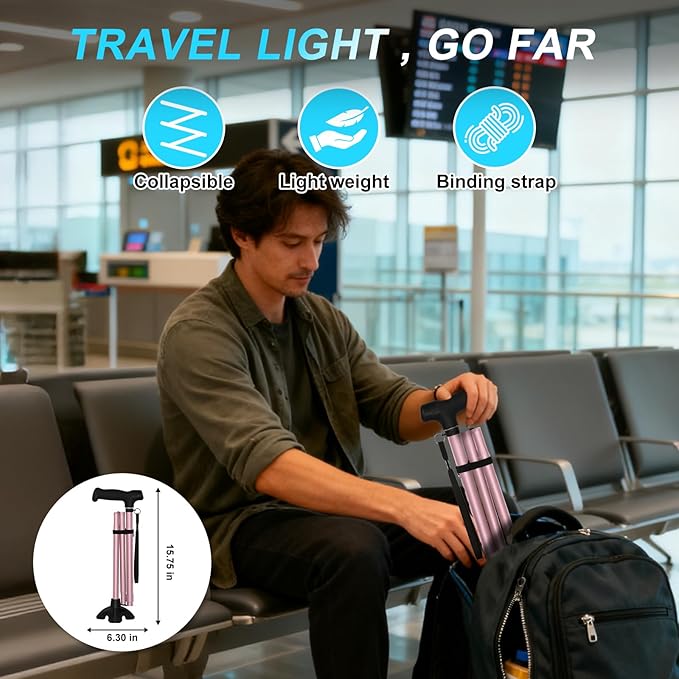 Walking Cane for Women, Extended Grip; Solid Base; Foldable; Adjustable Heights; Lightweight; Free Standing; Portable Canes for Women for Stability (Pink)