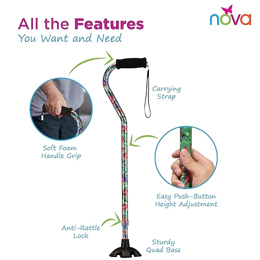 Nova Joy Designer Offset Quad Cane for Seniors - Unisex Adjustable Lightweight Walking Aid with Foam Handle, Wrist Strap and Anti-Rattle Lock - Essential Mobility Support - Canterbury