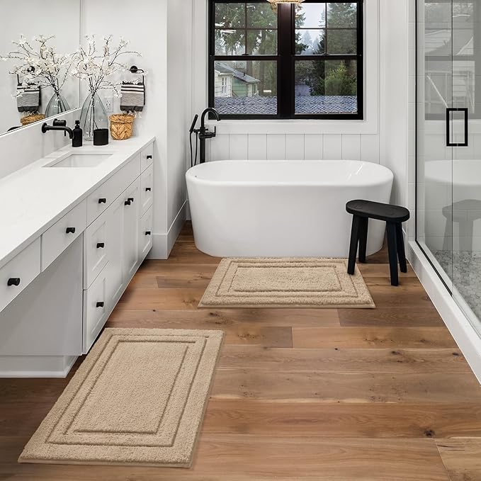 HOMEIDEAS Bathroom Rugs Sets 2 Piece, Super Soft and Absorbent Non Slip Microfiber Machine Washable Bath Mat Set (20" x 32" + 16" x 24", Beige)