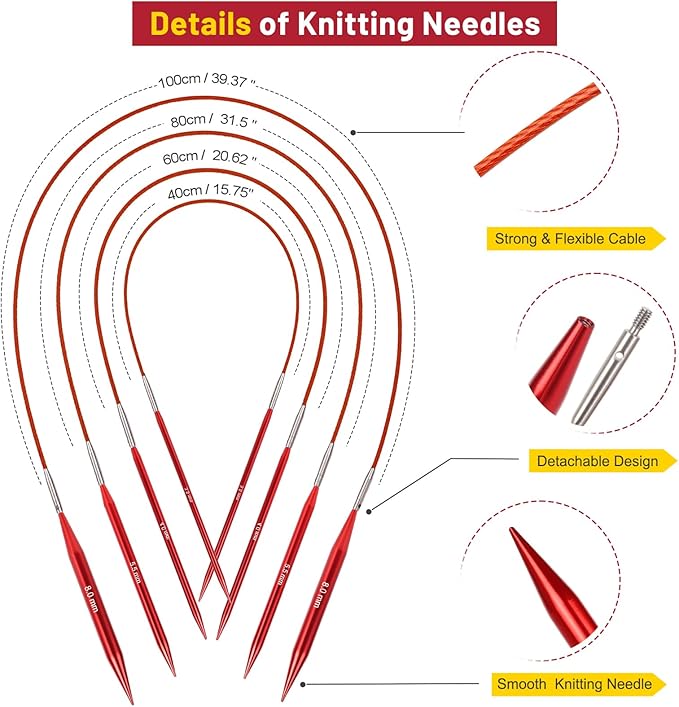 Aeelike Interchangeable Knitting Needles,13 Pairs Circular Knitting Needles Set Aluminum (Size 3.0mm-10.0mm) with 4 Cables for Socks Blankets Cushions, Ideal Crochet Gift