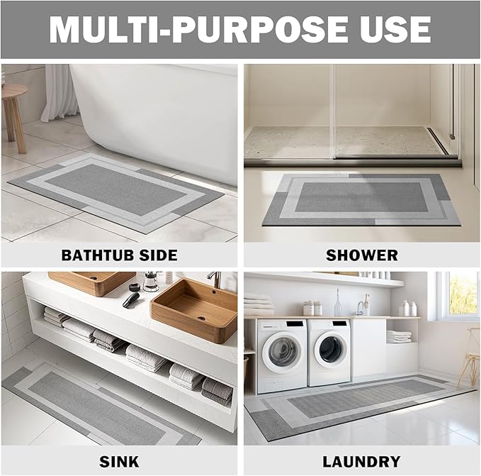 Non Slip Long Bath Mat Bathroom Runner, Rubber Backing Ultra Thin Bathroom Rugs Fit Under Door Quick Dry Super Absorbent Washable Bath Rug Shower Mat for Bathtub Sink Floor, Grey 17"x47"