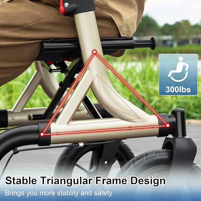 Walkers for Seniors, Rollator Walker with Seat, 12" Big Rubber Wheels All Terrain Rollator Walker with Backrest, Built-in Cable, Cup Holder, Foldable and Height Adjustment for Seniors, Gold