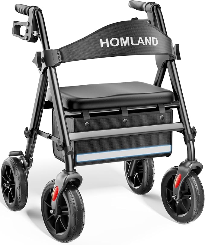 HOMLAND Rollator Walkers for Seniors with Seat, 8" All Terrain Wheels, Durable Aluminum Frame, Lightweight Foldable Walker with Ergonomic Seat, Height Adjustable Rolling Walker