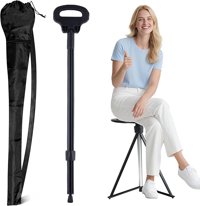 ALEVMOOM Walking Cane with Seat Folding Lightweight, 2-in-1 Cane Stool for Adults, Aluminum Walking Stick with Seat, Portable Stool for Senior, with Carry Bag