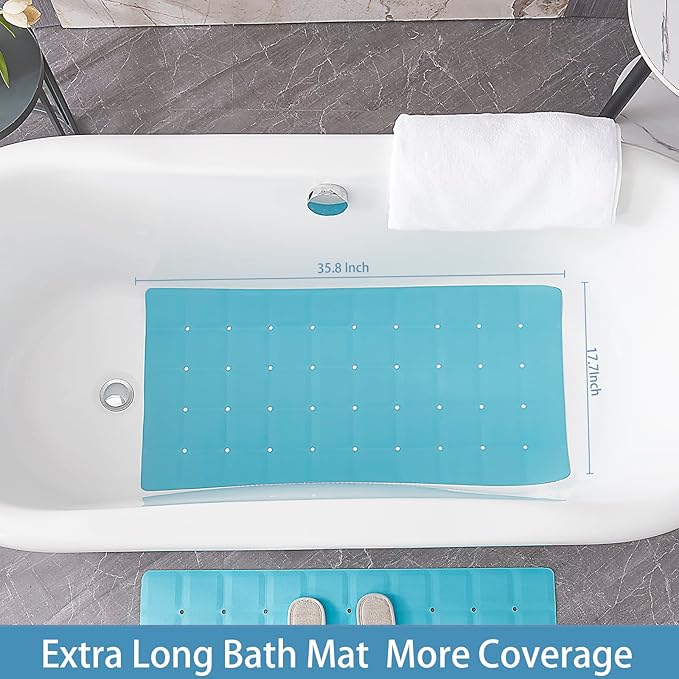 Foldable Silicone Bathtub Mat: Jumbo Size Heavy Duty Safety Bath Mat for Tub Without Suction Cups Non Slip Bath & Shower Mat for Textured, Reglazed, Refinished Tub (Blue, 35.8 x 17.7)