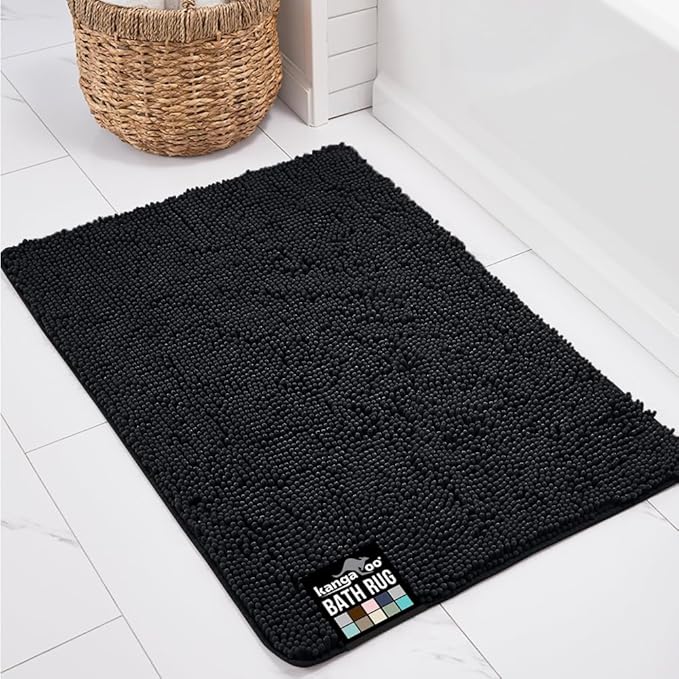 KANGAROO Bathroom Rugs, Chenille Soft Absorbent Bath Rug, Shaggy Shower Mat, Quick Dry Machine Wash Bathmat, Plush Carpet Mats for Tub, Bathtub and Room Home Decor Accessories, 42x24, Black