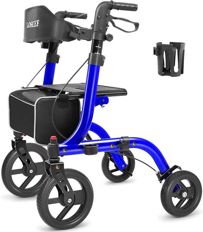 Foldable Rollator Walkers With Seat For Seniors, 10" Big Rubber Wheels All Terrain Rollator Walker With Adjustable Backrest And Handles, 350 Lb, Cup Holder, Lightweight 4 Wheel Walker For Seniors Blue
