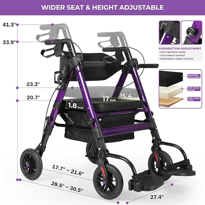 Heavy Duty Rollator Walker for Seniors with Seat, Foldable 2 in 1 Rolling Walkers Wheelchair Combo for Adult, All Terrain Wheels, Adjustable Transport Chair with Brake, 450 lb. Weight Capacity, Purple