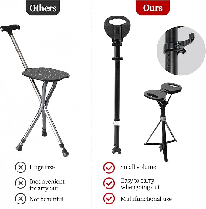 XXL Portable Walking Cane with Seat, Adjustable 34"-37" Foldable Lightweight Aluminum Anti-Slip Walking Stick for Men & Women, 550 Lbs Cane with Chair for Travel Hiking with Carry Bag