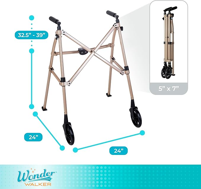 Stander Space Saver Walker, Lightweight Folding Rolling Mobility Aid for Seniors & Adults, Compact 2-Wheel Disability Device with 6-inch Wheels & Ski Glides for Walking Support, Desert Sand