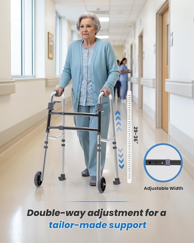 Folding Walkers for Seniors, Adjustable Width & Height, Standard Walkers with Basket, 2 Skis, 5” Front Wheels, Lightweight Walkers for Elderly & Disabled, Thickened Aluminum Adult Walker