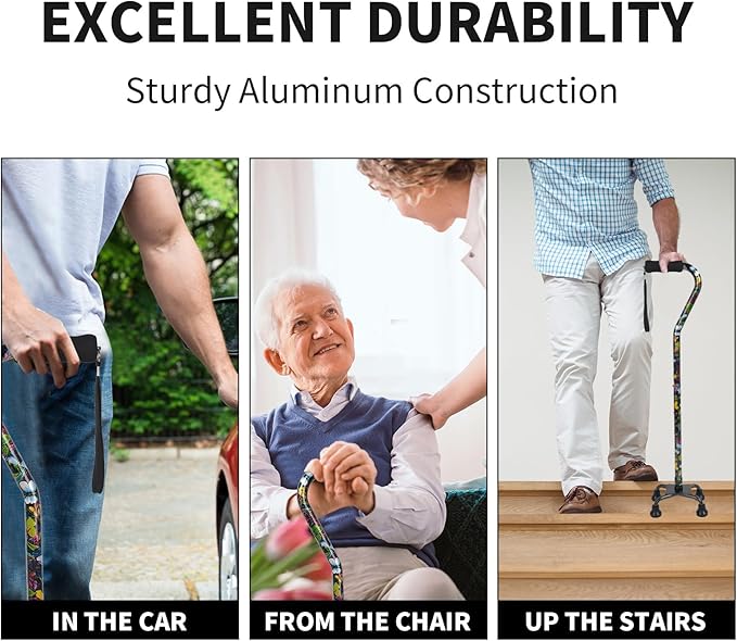 Walking Cane for Women & Men, Adjustable Quad Cane with 4-Prong Base for Stability and Balance, Folding Aluminum Walking Stick for Seniors