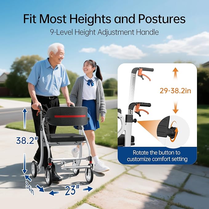 Rollator Walkers for Seniors with Seat, Foldable Lightweight Rolling Walker with 8" All Terrain Wheels, Height Adjustable 2 in 1 Walker Wheelchair Combo with Brake, No Installation, White